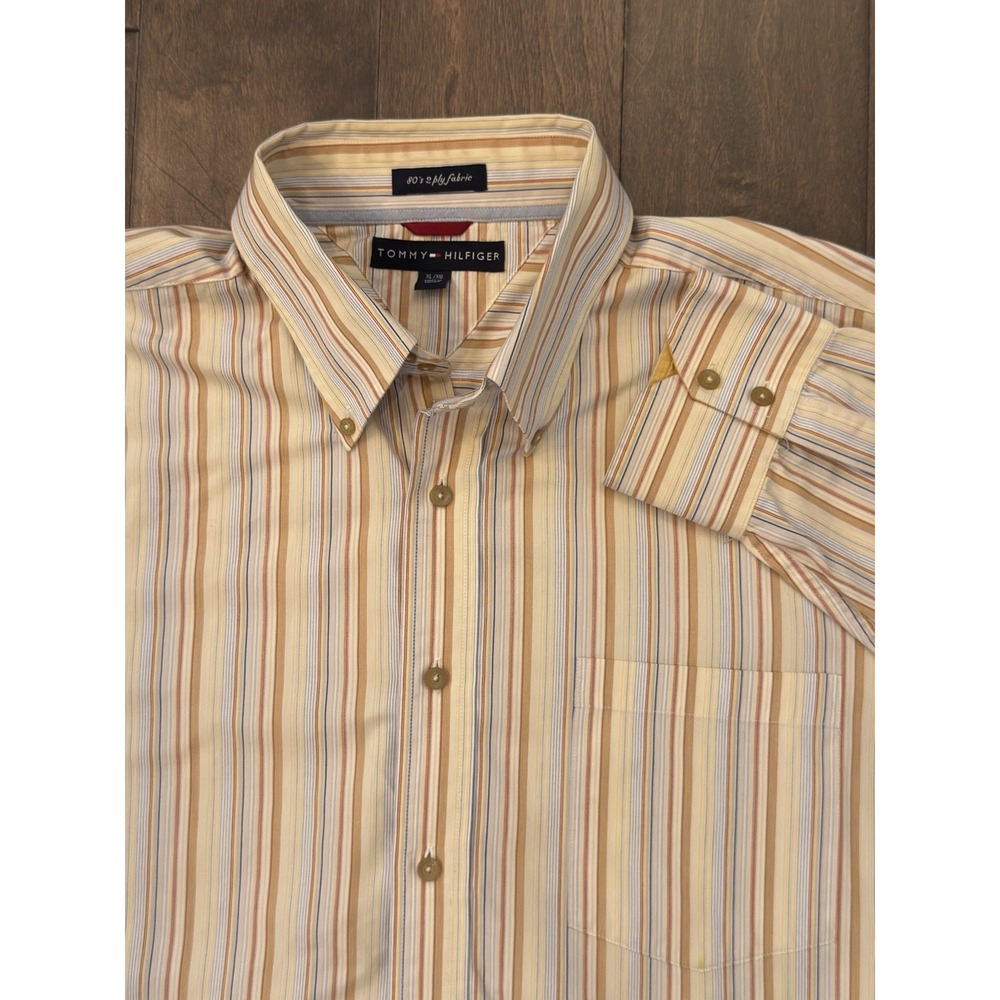 Vtg Tommy Hilfiger Shirt Mens Size XL Beige Striped‎ Button Up 90s Long Sleeve